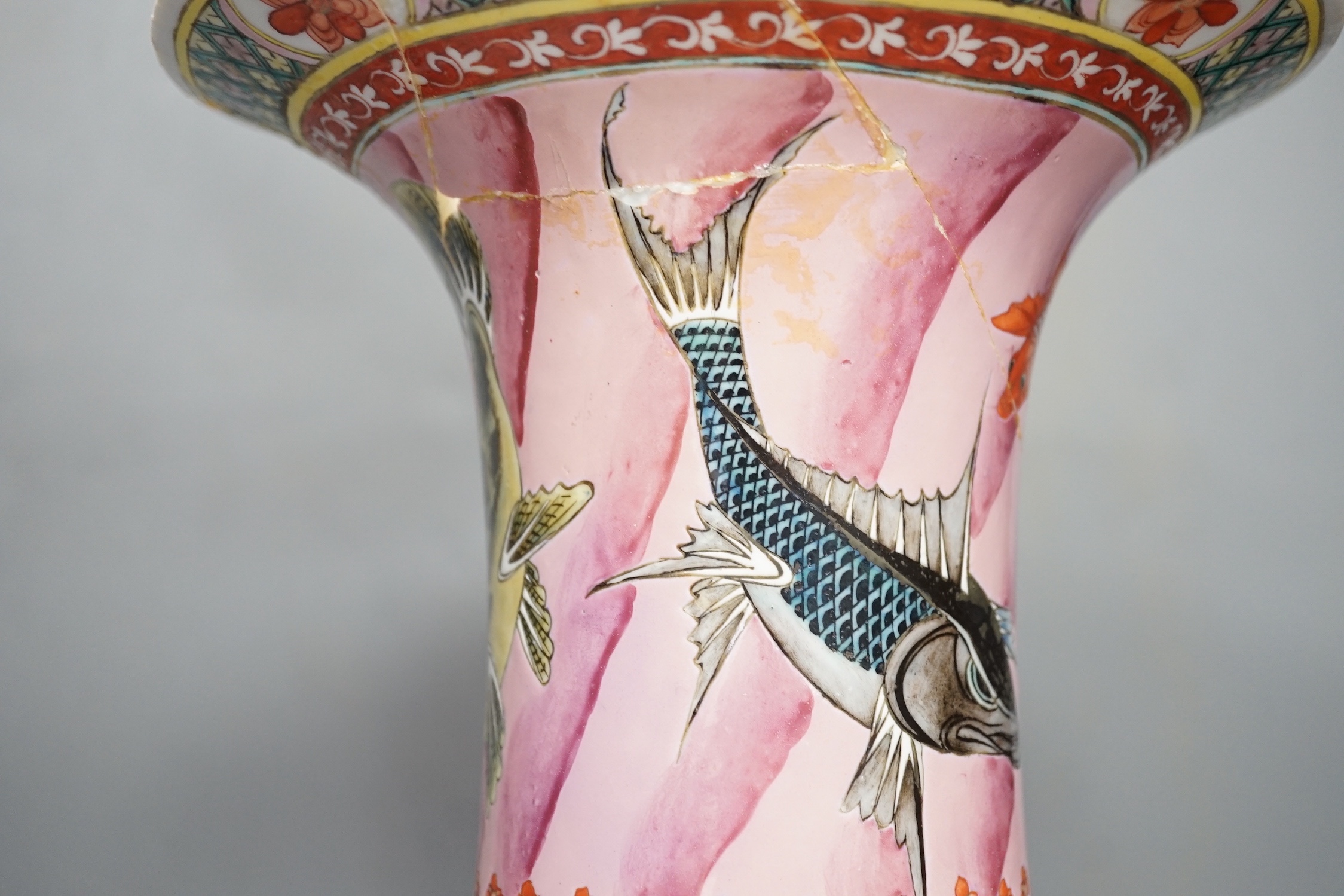 A 19th century Chinese famille rose 'fish' yen-yen vase, apocryphal Kangxi mark to base, a.f., 46cm